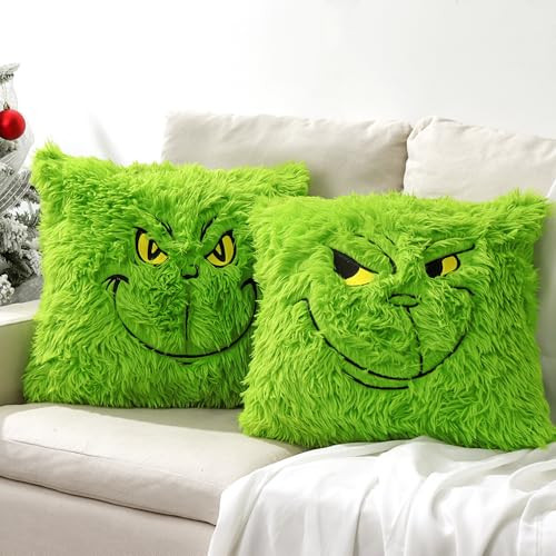 Christmas Pillow Covers 18x18 Inch for Christmas Decorations: Soft Faux Fur Christmas Throw Pillow Case Green Grinchmas Pillow Covers, Christmas Decor for Home Sofa Couch Bed Winter Holiday Set of 2 | Amazon (US)
