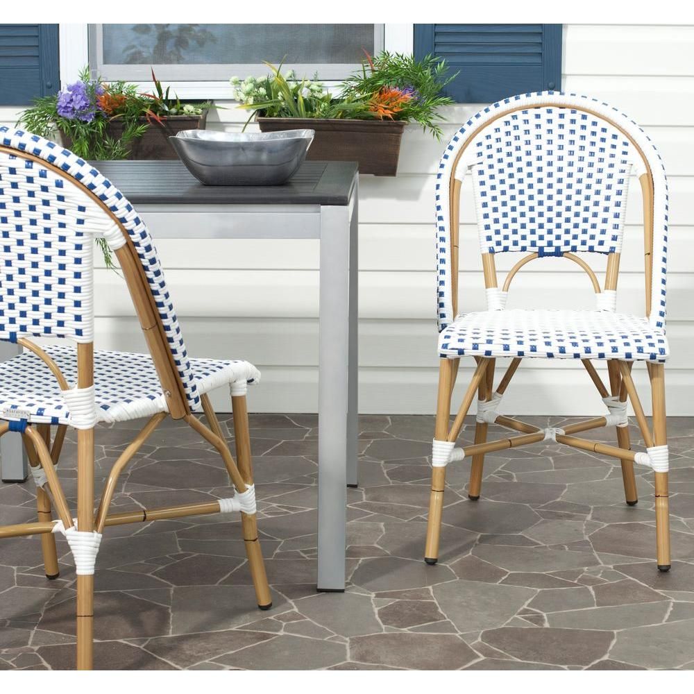 Safavieh Salcha Blue/White Stackable Aluminum/Wicker Outdoor Dining Chair (2-Pack) | The Home Depot