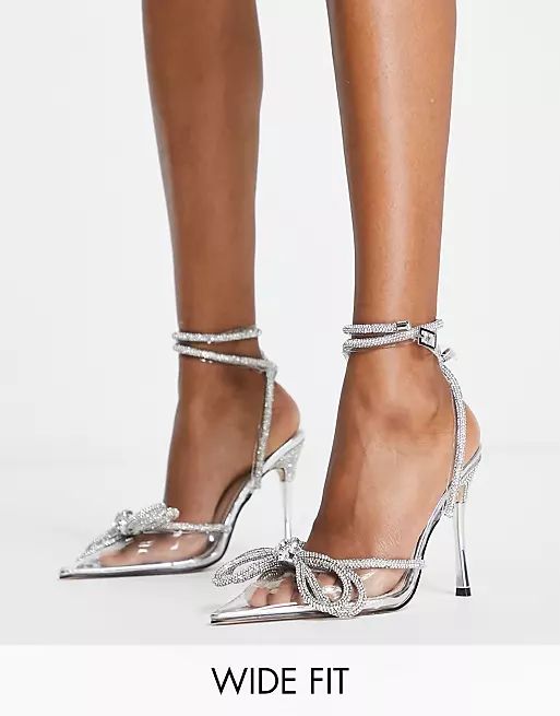 Public Desire Wide Fit Midnight heeled shoes with rhinestone bow detail in silver | ASOS (Global)