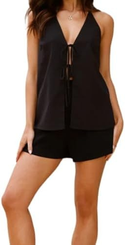 Linen Set for Women - 2 Piece Suits Set Linen Tie Front Top Linen Vest Women Y2k Backless Tank To... | Amazon (US)