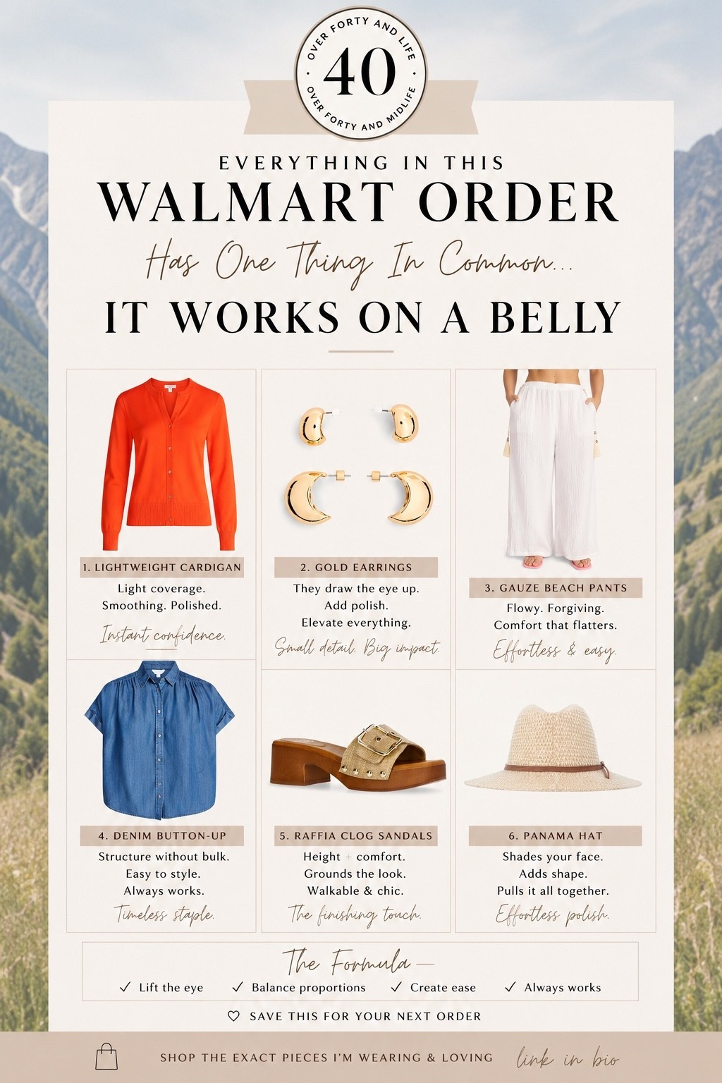 ✨Tap the bell, save and ❤️ for over 40 fashion, midlife style, midsize fashion and luxury looks for less. 

I realized something after this Walmart order…

None of these pieces were chosen because they hide a belly.

They were chosen because they work with one.

Somewhere along the way, many of us started shopping for clothes that would make our stomach disappear.

What if we started shopping for pieces that make us feel good instead?

✨ Gauze pants that skim instead of cling
✨ A lightweight cardigan for chilly restaurants and over-air-conditioned stores
✨ A denim top that creates structure without feeling stiff
✨ A hat that adds instant polish
✨ Raffia sandals that give a little height without sacrificing comfort
✨ Accessories that draw the eye up and finish the look

That’s the Outfit Physics™ formula:

✔ Lift the eye
✔ Skim the body
✔ Balance proportions
✔ Create ease

Because style isn’t about looking smaller.

It’s about feeling like yourself again.


👑 Helping you look good, feel good.-Lindsey Denver   

Check back daily for belly-friendly style, confidence, and Outfit Physics™.

#LTKOver40 #LTKMidsize #LTKPlusSize