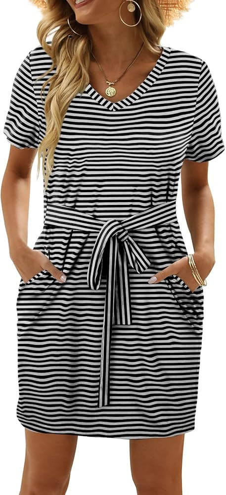 OFEEFAN Summer Dresses for Women 2022 Casual Short Sleeve Tshirt Dresses with Pockets | Amazon (US)