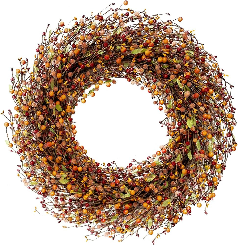 24inch Fall Orange and Red Berry Wreath For Front Door, Large Leafy Autumn Berries Wreath For Ind... | Amazon (US)