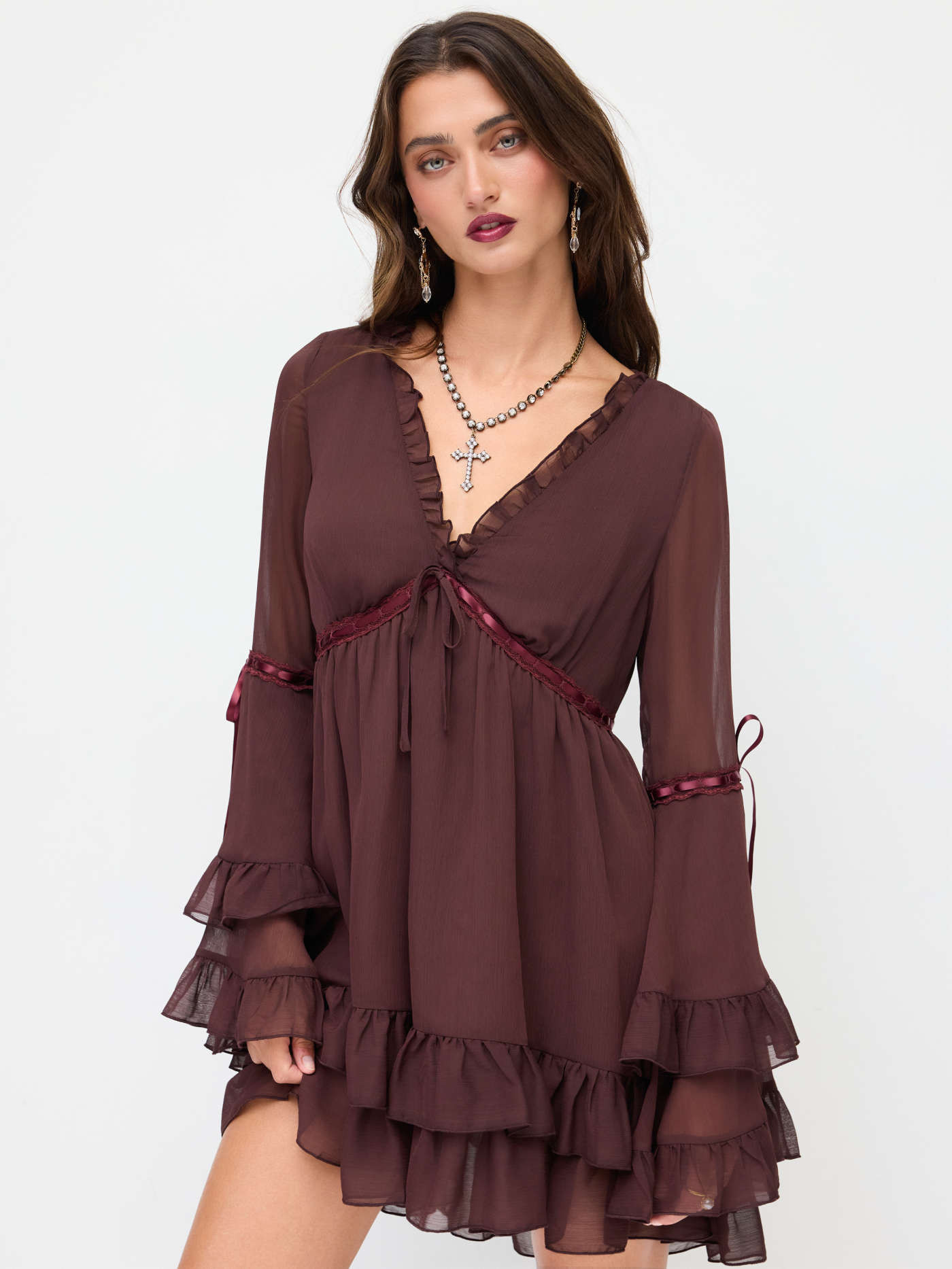 Chiffon Chiffon V-neck Lettuce Trim Bowknot Ruffle Mini Dress For Daily Casual Date | Cider