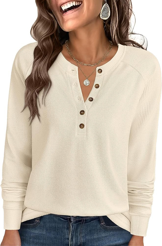 ANRABESS Women's Long Sleeve Waffle Knit Shirts Dressy Casual Loose Button Up V Neck Henley Tops ... | Amazon (US)