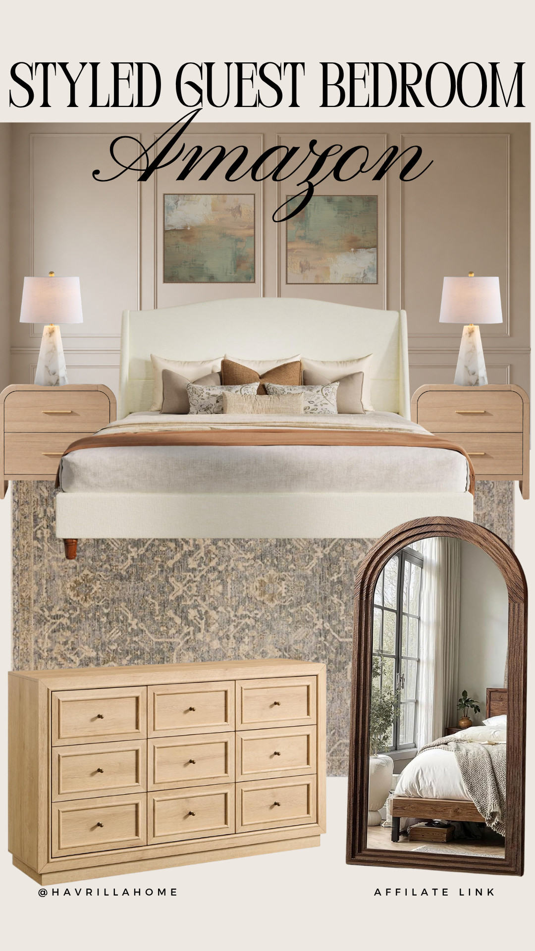 Styled Guest Bedroom Amazon, guest bedroom ideas, bedroom inspiration, Amazon bedroom decor, neutral bedroom, bedroom furniture, wood dresser, wood nightstands, upholstered bed, bedroom mirror, bedroom rug, bedside lamps, wainscoting wall, bedroom wall decor, cozy bedroom design, modern traditional bedroom, neutral home decor, warm beige bedroom, bedroom styling, guest room makeover, Amazon home finds

#LTKHome