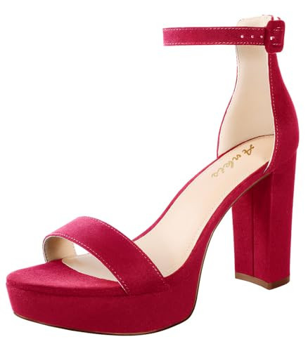 Ankis Red Platform Heels, 4 Inches Chunky Heels Sandals for Women. Comfy Open Toe Block Heeled Sandals, Red Ankle Strappy Heels. Red Suede, Size 8.5 | Amazon (US)