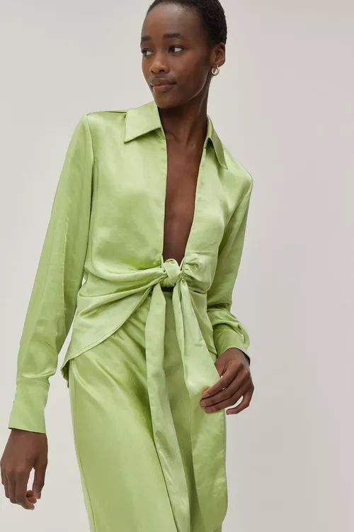 Satin Tie Front Plunging Collared Shirt | NastyGal (UK, IE)