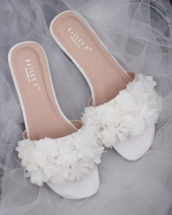 Ivory Satin Slide Sandals With Allover CHIFFON FLOWERS  | Etsy | Etsy (US)