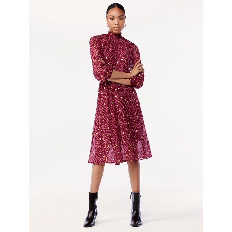 Scoop Women's Smocked Neck Midi Dress with Blouson Sleeves | Walmart (US)