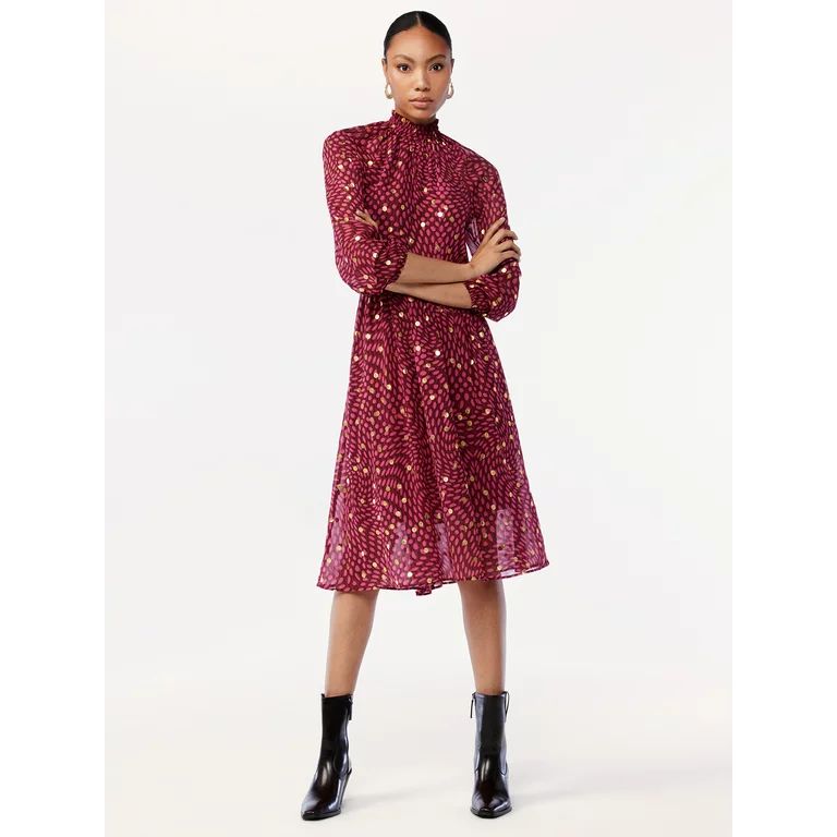 Scoop Women's Smocked Neck Midi Dress with Blouson Sleeves - Walmart.com | Walmart (US)