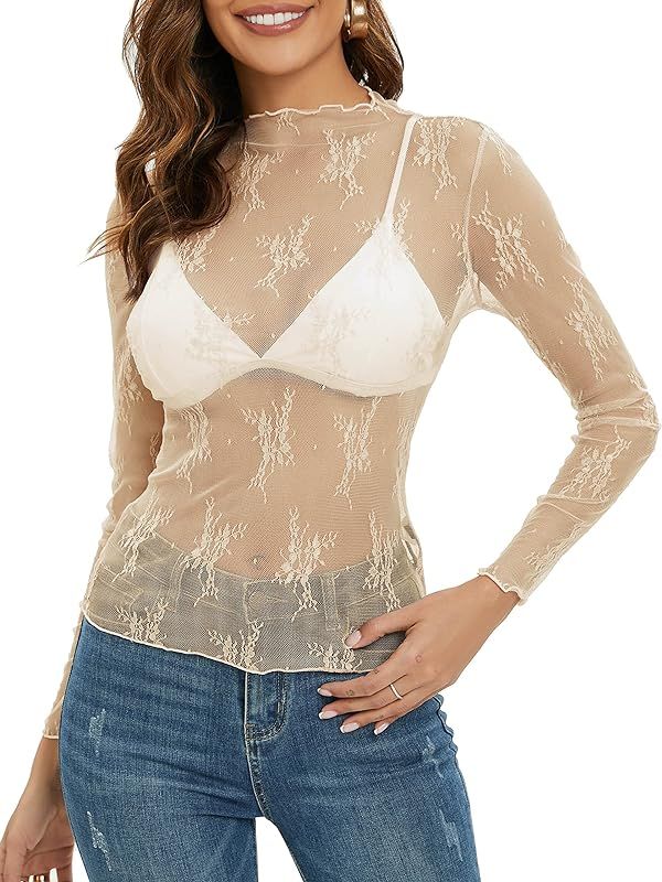 Womens Mesh Sheer Long Sleeve Layering Top Mock Neck Lace Floral See Through Shirt Tops | Amazon (US)