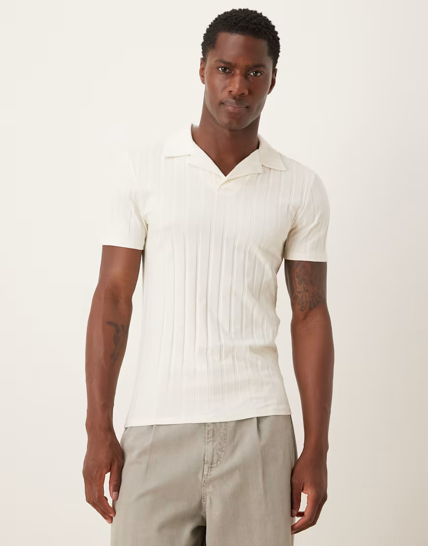 ASOS DESIGN muscle fit revere polo in cream wide rib-White | ASOS (Global)