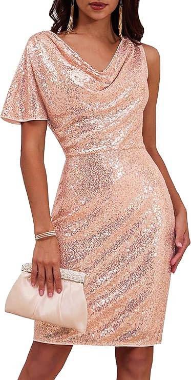 GRACE KARIN Women One Sleeve Cowl Neck Sequin Dress Formal Sparkly Glitter Evening Club Cocktail ... | Amazon (US)
