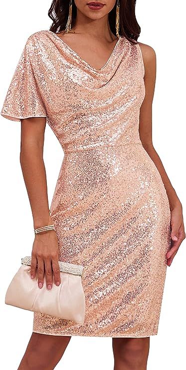 GRACE KARIN Women One Sleeve Cowl Neck Sequin Dress Formal Sparkly Glitter Evening Club Cocktail ... | Amazon (US)