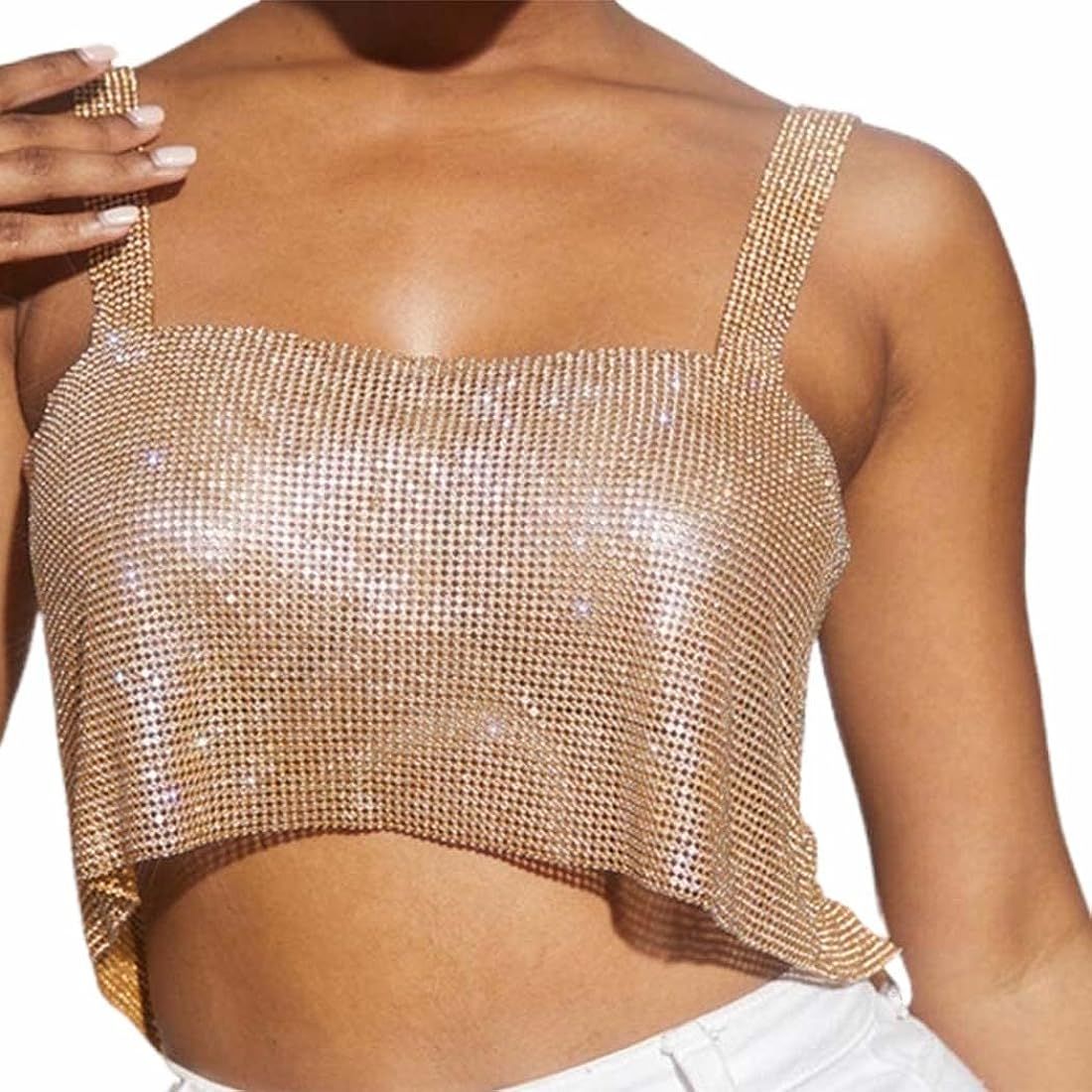 deladola Rhinestones Crop Top Gold Sparkly Crystal Tank Tops Backless Summer Beach Outfit for Women  | Amazon (US)