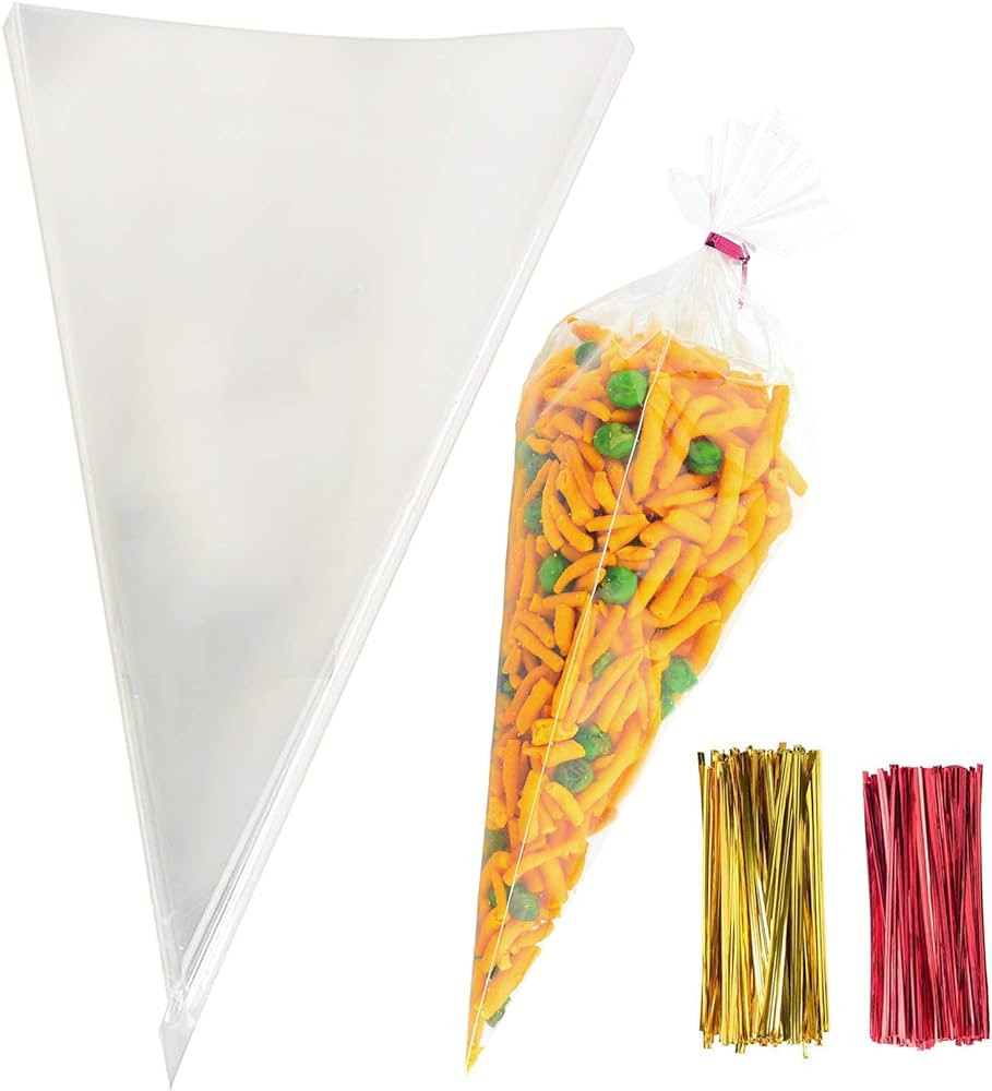 Cone Cellophane Bags,200 PCS 6.3"x11.8" Cello Clear Cone Shaped Treat Bags with Twist Ties, Plast... | Amazon (US)
