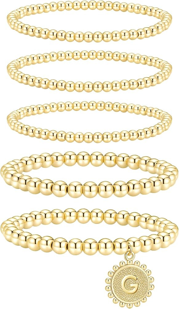 adoyi Gold Silver Bracelets for Women Beaded Bracelet 14K Gold Plated Bracelet Stack Initial Lett... | Amazon (US)