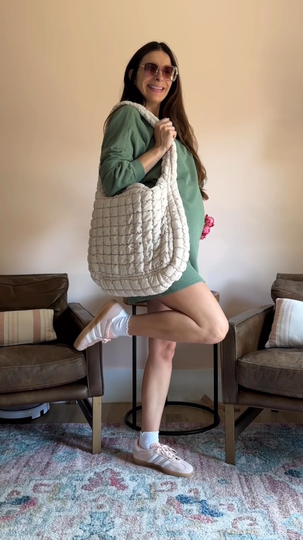 5 days until due date and feeling great! Love this little comfy sweatshirt dress as it will be perfect to transition into fall and for postpartum! Unfortunately, it’s out of stock, but there are other color options. I also linked a similar option as well as the rest of my accessories! 🫶🏼

39 week pregnant, maternity outfit, bump friendly style, bump to postpartum outfit, fall transition outfit, adidas gazelles, hobo bag, diff sunglasses 

#LTKShoeCrush #LTKBump #LTKVideo