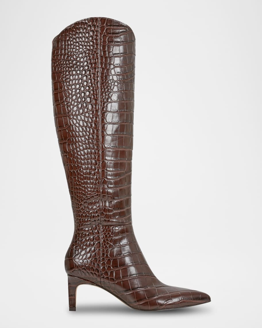 Croc-Embossed Leather Kitten Tall Boots | Neiman Marcus