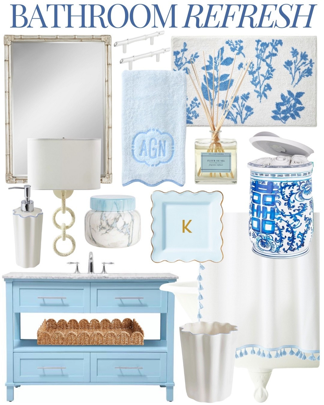 Summer bathroom refresh 

Blue vanity scalloped towels bamboo mirror towel warmer fringe shower curtain scalloped accessories 

#LTKStyleTip #LTKHome