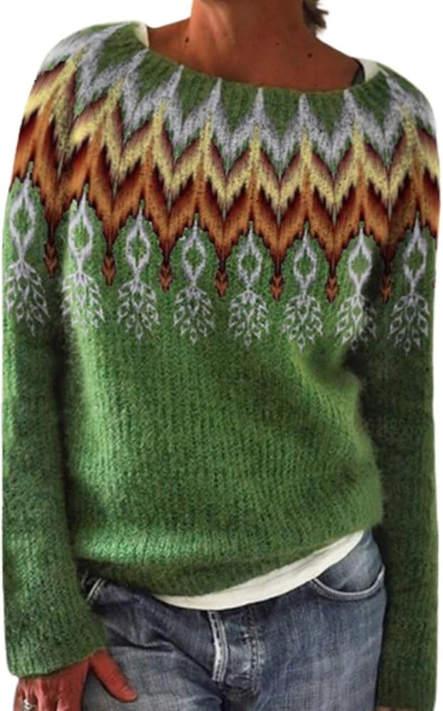 Women's Fair Isle Knitted Sweater Vintage Long Sleeve Boat Neck Retro Lightweight Pullover Top fo... | Amazon (US)