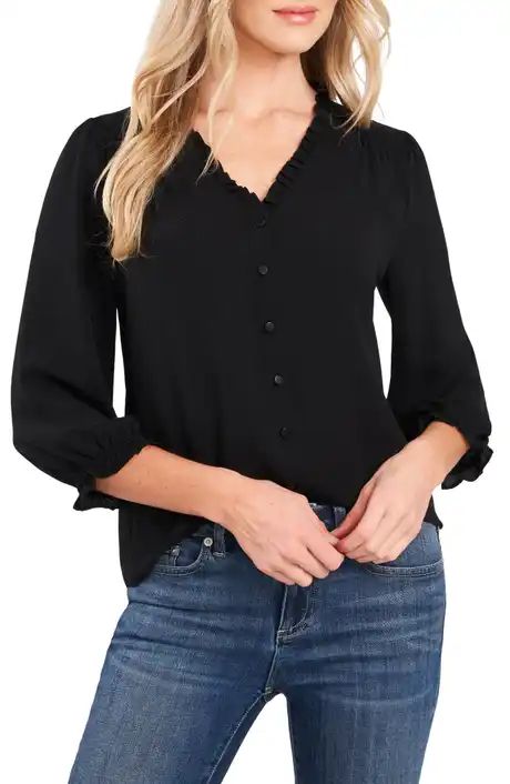 English Factory Textured Mixed Media Puff Sleeve Top | Nordstrom | Nordstrom