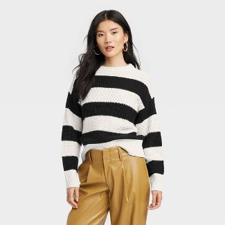 Women&#39;s Crewneck Pullover Sweater - A New Day&#8482; Black Striped L | Target