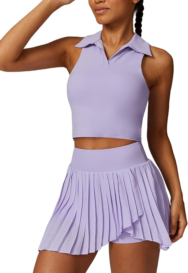 ABOCIW Two Piece Tennis Skirt Sets for Women Polo Neck Tank Top with Bra and Pleated Skort with P... | Amazon (US)