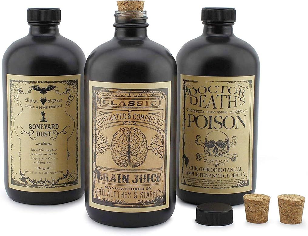 Cornucopia Brands Black 16-Ounce Glass Apothecary Bottles (3-Pack); Boston Round Bottles with Design | Amazon (US)