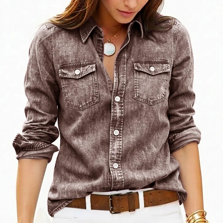 UDAUDU Women's Denim Shirts Long Sleeve Collared Fall Fashion Shirt Button Down Denim Blouse Tops... | Walmart (US)