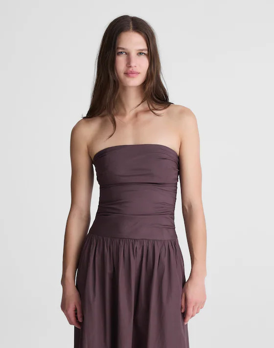 Strapless Ruched Midi Dress in Poplin | Madewell