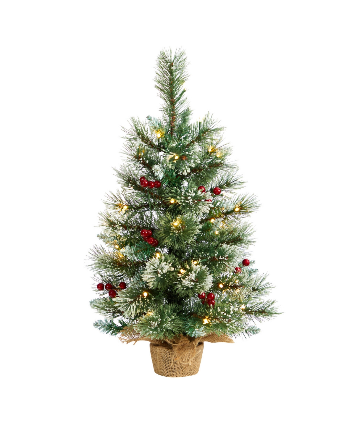 Nearly Natural Snow Tipped Pine and Berry Artificial Christmas Tree with 35 Warm Led Lights in Burlap Base, 2' - Green | Macy's