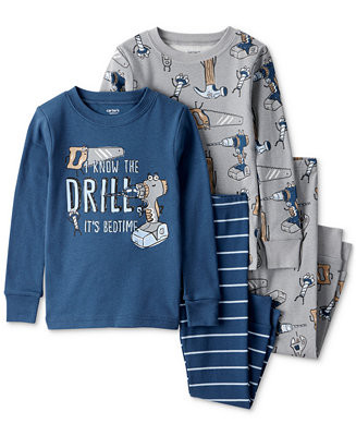 Toddler Boys Construction-Print 100% Cotton Long-Sleeve Snug-Fit 4-Piece Pajamas | Macy's