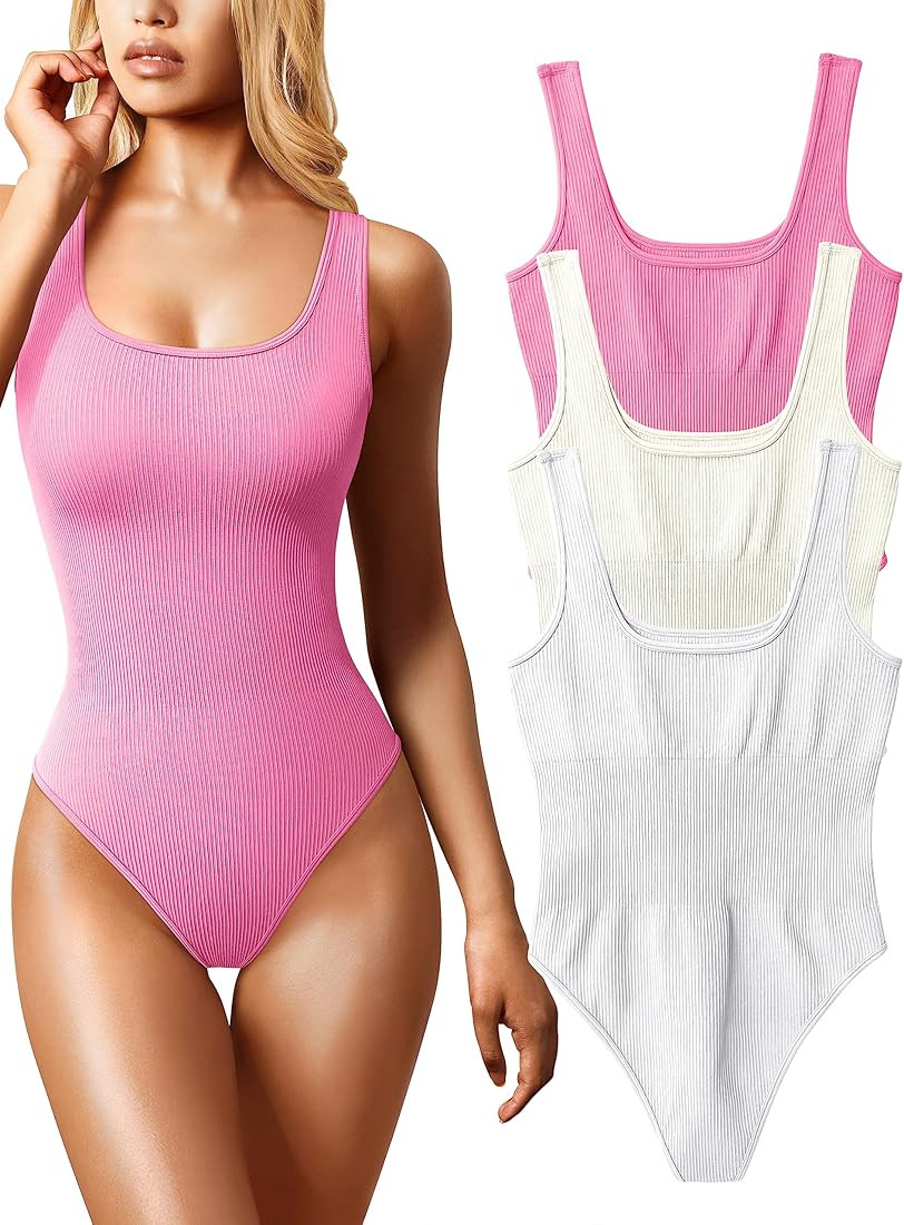 OQQ Women's 3 Piece Bodysuits Sexy Ribbed Sleeveless Square Neck Sleeveless Tank Tops Bodysuits | Amazon (US)