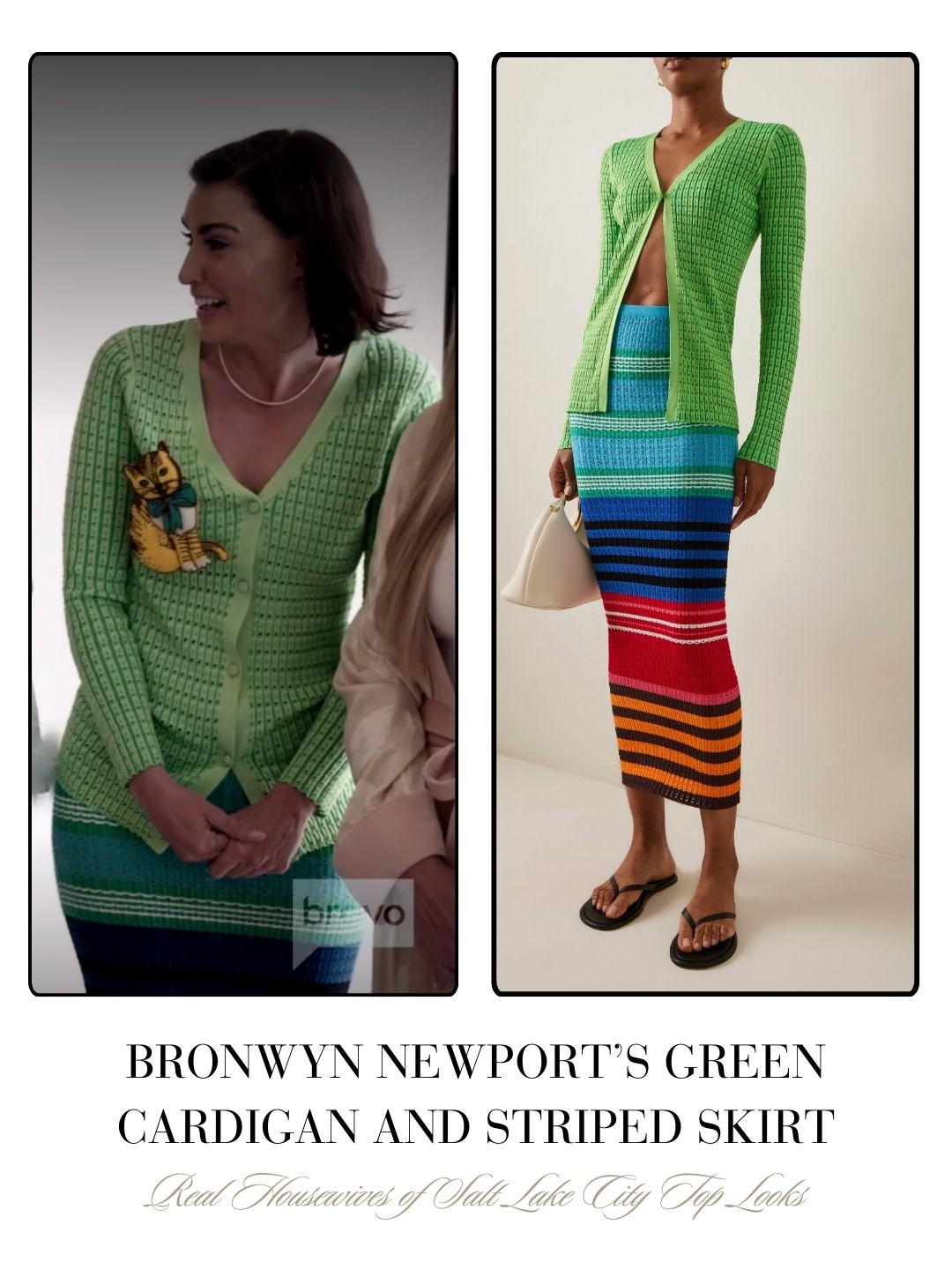 Bronwyn Newport’s Green Crochet Cardigan and Striped Skirt on the Real Housewives of Salt Lake City Season 6 Finale