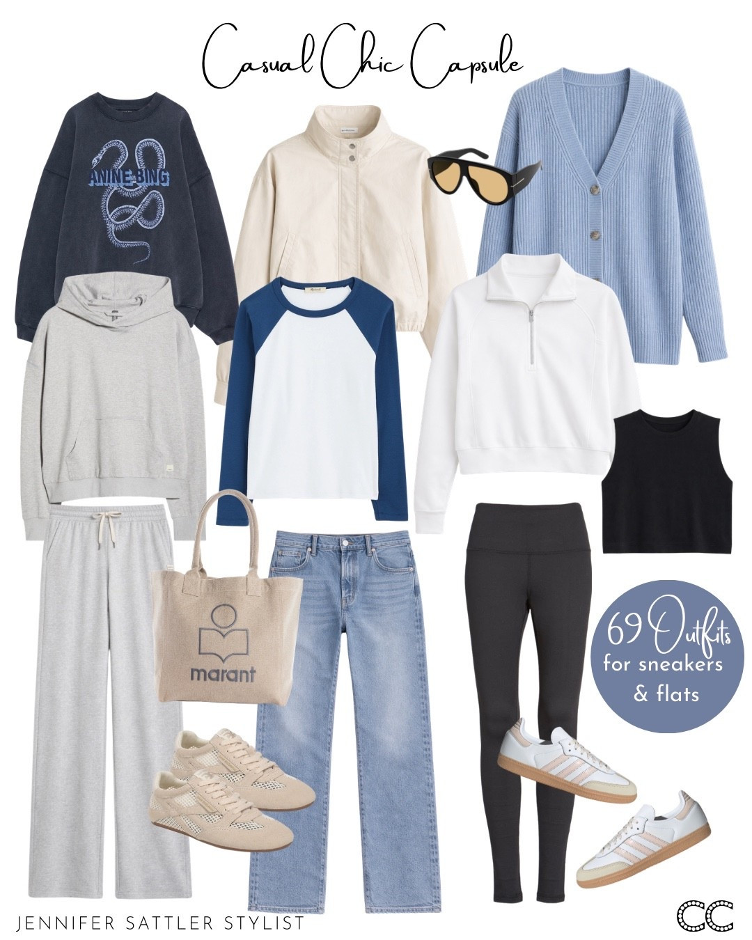 If you want an endless arsenal of effortlessly chic casual outfits that go with sneakers and flats, I made you 69. Every item on my 10-piece checklist goes together. The casual outfits that go with sneakers in this capsule look effortlessly chic because the core of this capsule is made with the most versatile closet essentials.  

Add  to Cart - Reduced
Checklist 
Look Book
New Links 

https://closetchoreography.com/effortlessly-chic-casual-capsule-69-outfits-that-go-with-sneakers-and-flats/