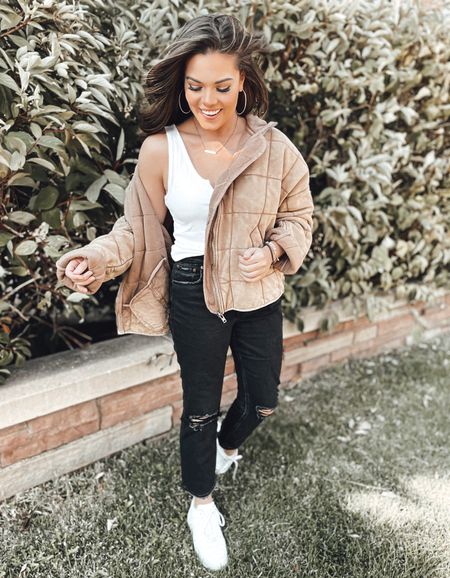 Dolman quilted jacket with white tank top, black straight leg jeans, and white Air Force 1s 

#LTKunder100 #LTKSeasonal #LTKstyletip