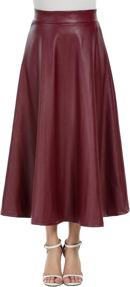 Women's Synthetic Leather High Waist Midi Long A-Line Swing Skater Skirt | Amazon (US)