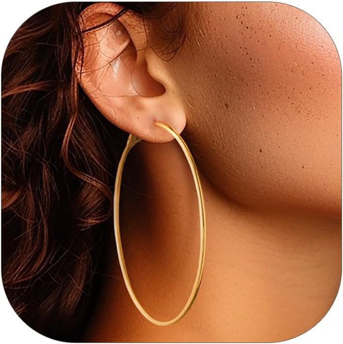 14K Gold Plated Large Hoops, 2mm Thin Hoop Earrings for Women | Amazon (US)