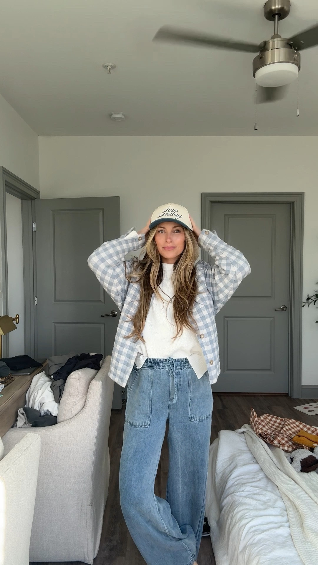 such a fun look - pregnant or not hehe! 
linked everything I could just the sweater & jacket were thrifted. So I added a bunch of cute items you could achieve a similar look with 🤍