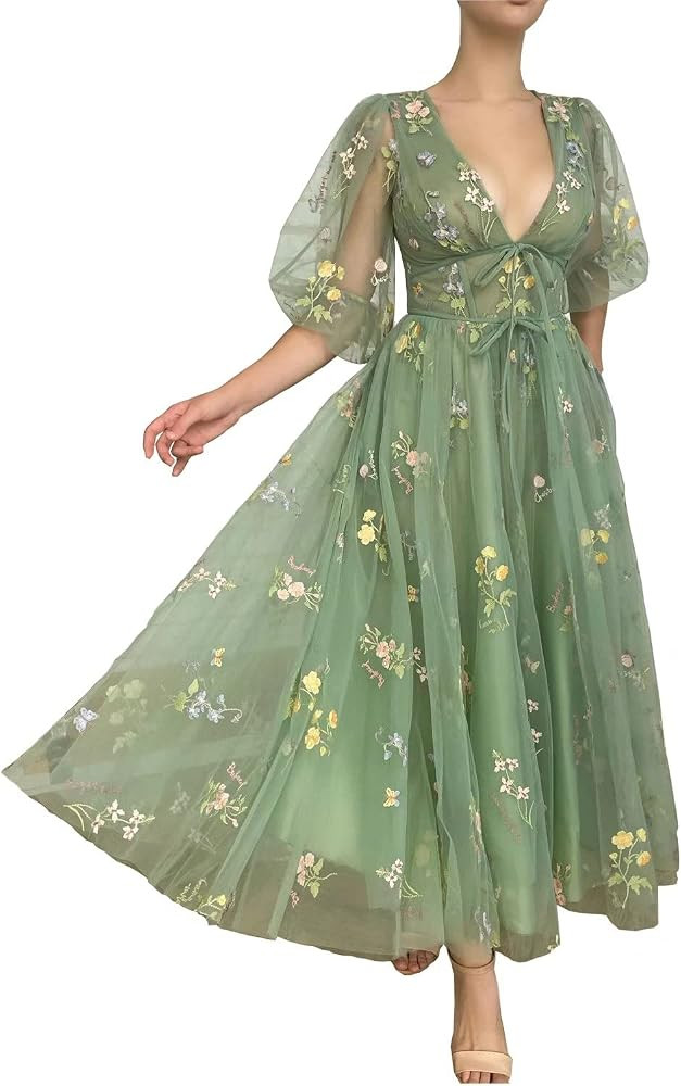 Women's Puffy Sleeve Prom Dresses Flower Embroidery Tulle Formal Evening Party Gowns | Amazon (US)