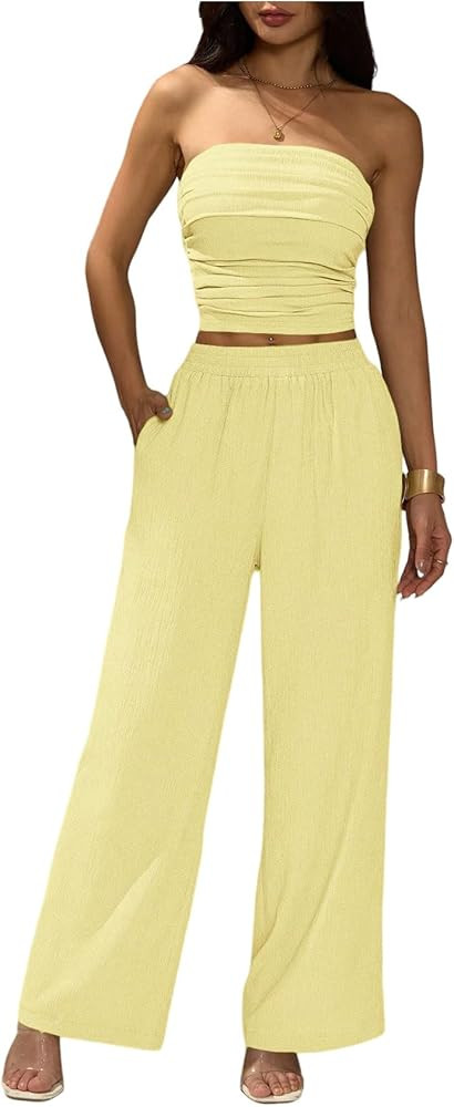 SweatyRocks Women's Summer Outfits 2 Piece Sets Casual Ruched Crop Tube Top and Wide Leg Pants Se... | Amazon (US)