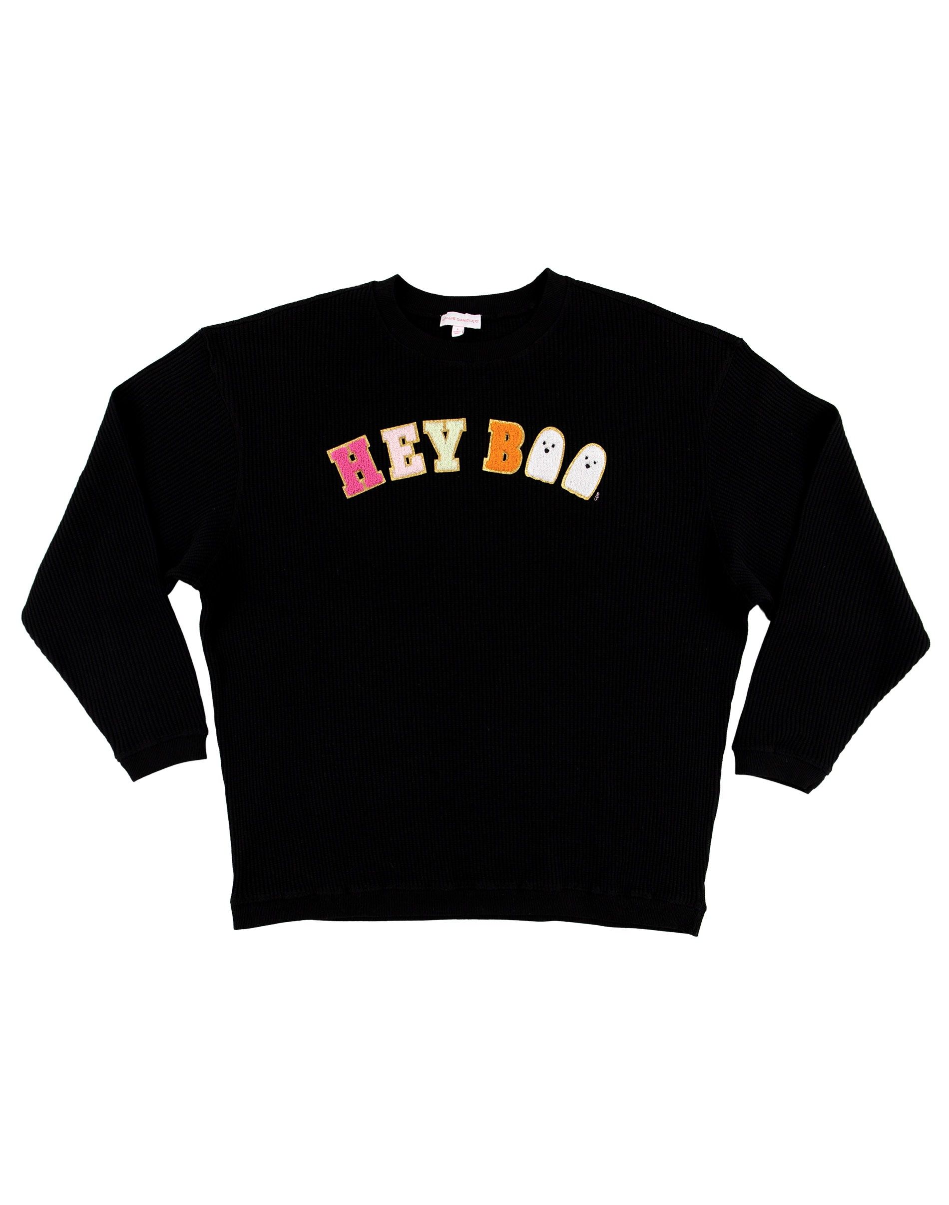 Hey Boo Chenille Patch Lightweight Waffle Knit Halloween Sweatshirt - Black | Callie Danielle