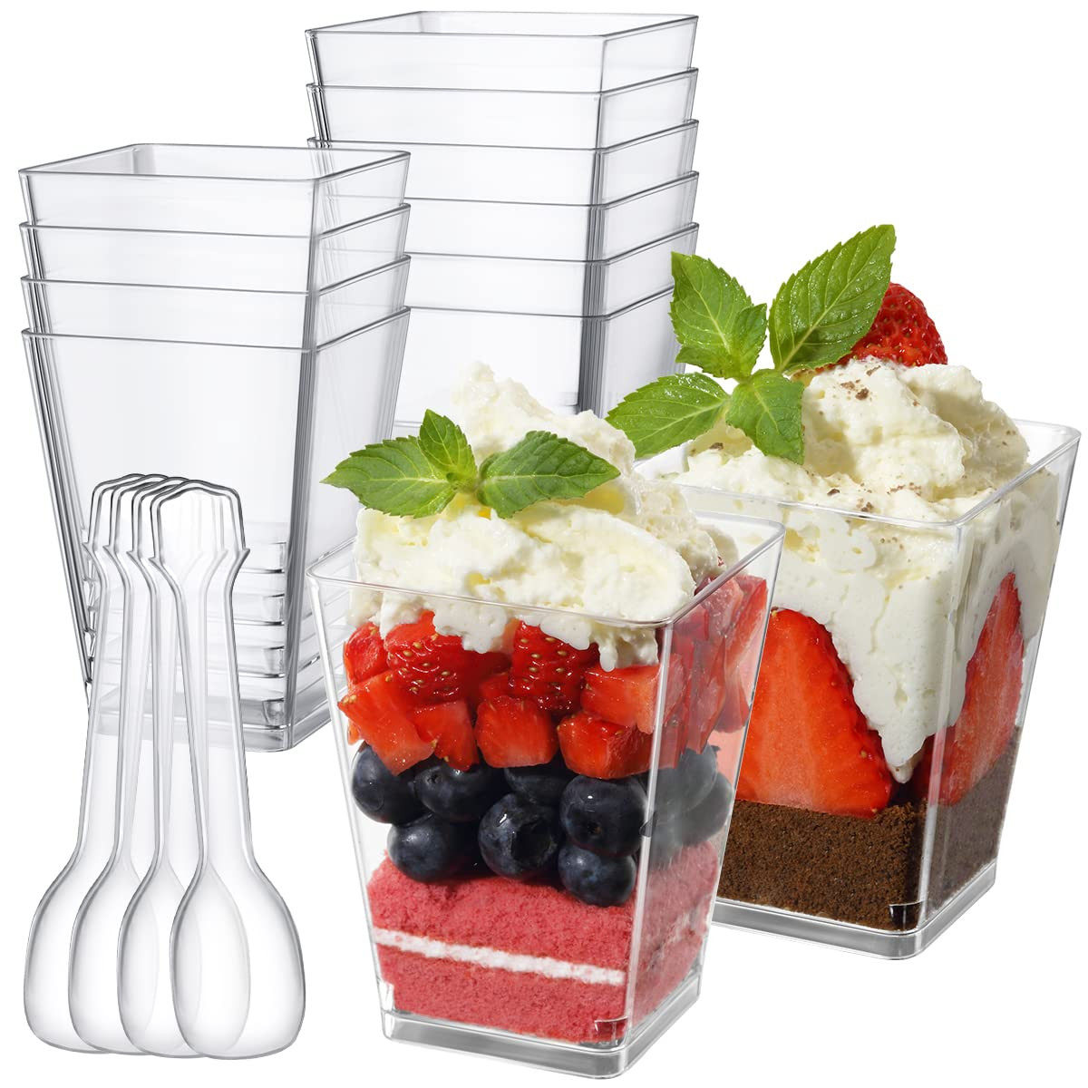 5 oz Plastic Dessert Cups with Spoons 50 Pack, Clear Square Mini Dessert Cups Appetizer Cups Parf... | Amazon (US)