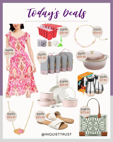 Check out today's deals which include a pink patterned midi dress, packing cubes, cookingware set, a cute tote bag, white sandals, and more!
#onsalenow #travelessential #cookingmusthave #springfashion

#LTKSaleAlert #LTKStyleTip #LTKSeasonal