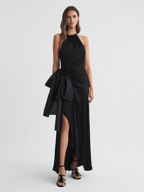 Reiss Black Luna Satin Bow Halterneck Maxi Dress | Reiss US