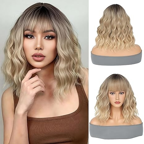 Ombre Blonde Wig with Bangs Short Bob Wavy Wig with Bangs for Women Loose Curly Shoulder Length W... | Amazon (US)