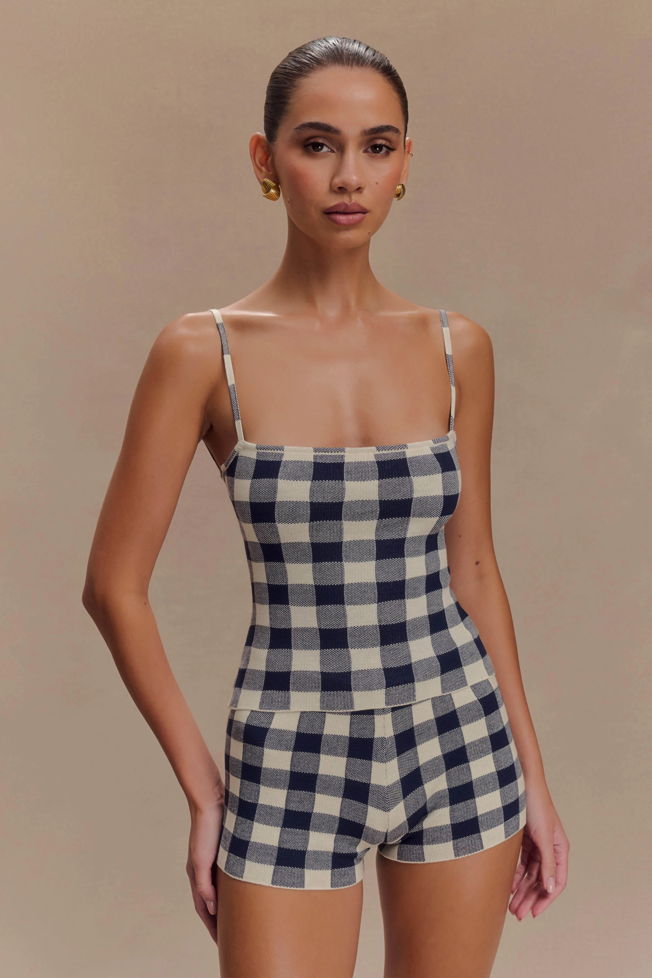 Marcie Sleeveless Knit Top - Navy Gingham | MESHKI US
