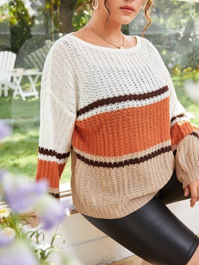Plus Colorblock Drop Shoulder  Sweater | SHEIN USA | SHEIN